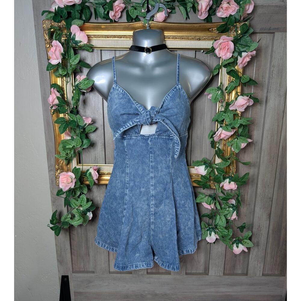 Y2K Denim Romper | SHEIN Tie Front Cutout Playsuit | XS